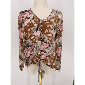 SOFT SURROUNDING FLORAL BUTTON FRONT TIE WAIST BLOUSE LONG‎ SLEEVE SHIRT SIZE L